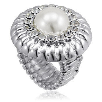 Stretch Ring, Pearl/Cubic Zirconia White
