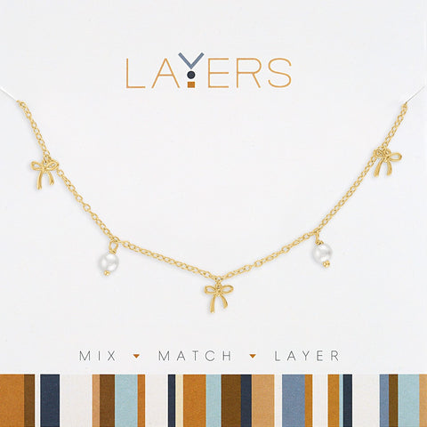 LAY233G Gold Multi Petite Pearls & Bows Layers Necklace