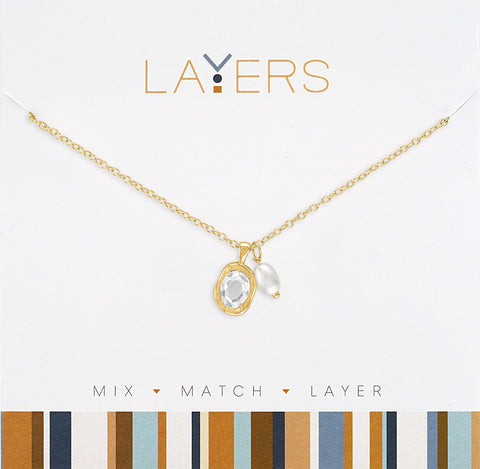 LAY235G Gold Oval Crystal & Pearl Pendant Layers Necklace