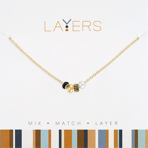 LAY237G Gold Trio Bead & Pearl Layers Necklace