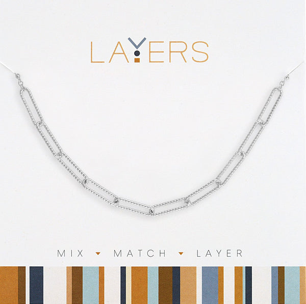 LAY673S Silver Ribbed Paperclip Chain Layers Necklace