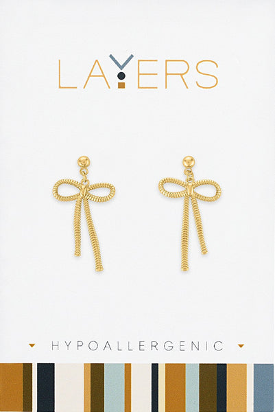 LAYEAR124G Gold Chain Bow Dangle Layers Earrings