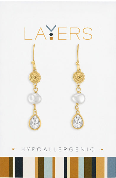Gold Medallion Pearl & Teardrop CZ Dangle Layers Earrings