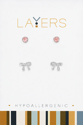 LAYEAR608S Silver Pink CZ & Bow Duo Stud Layers Earring