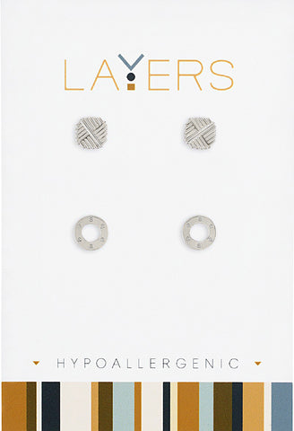 Silver Textured Disc & Open Circle Duo Stud Layers Earring