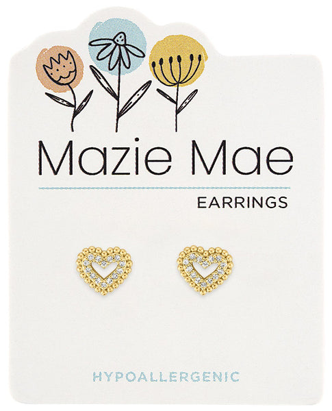 MAZ77 Gold Double Bordered CZ Heart Stud Mazie Mae Earring