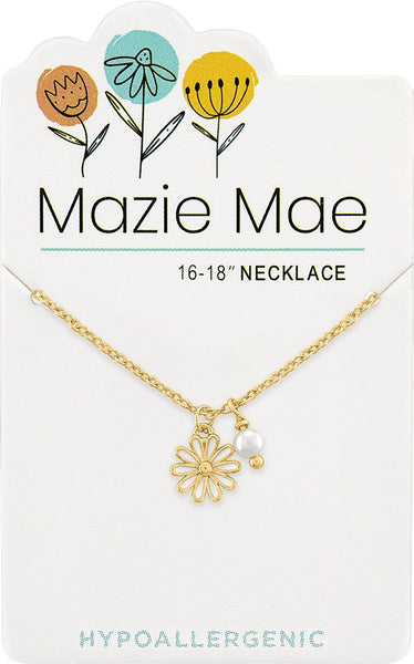 NECKG235 Gold Daisy & Pearl Dangle Mazie Mae Necklace