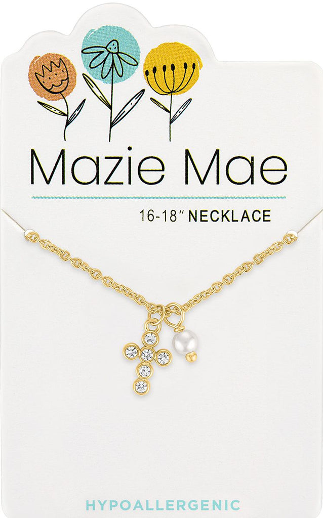 NECKG259 Gold CZ Cross & Pearl Mazie Mae Necklace