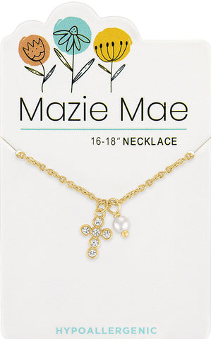 NECKG259 Gold CZ Cross & Pearl Mazie Mae Necklace