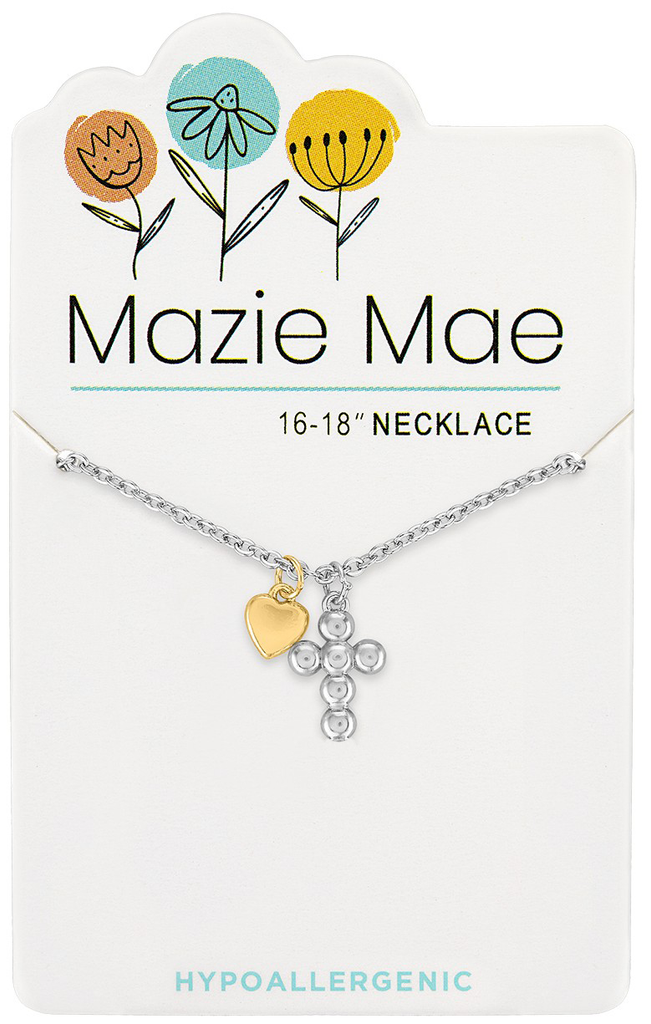 NECKS742 Silver Two-Tone Cross & Mini Heart Mazie Mae Necklace