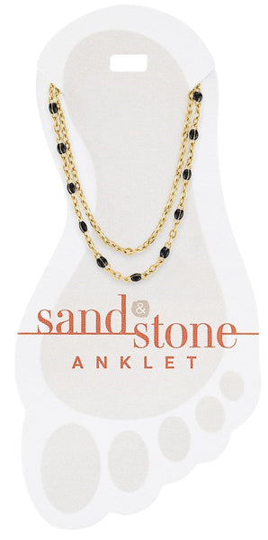 ANK25 Gold Petite Black Beaded Duo Chain Sand & Stone Anklet
