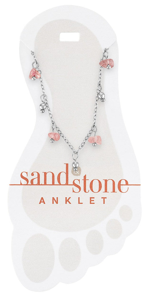 ANK22 Silver Pink Natural Stone Dangle Sand & Stone Anklet