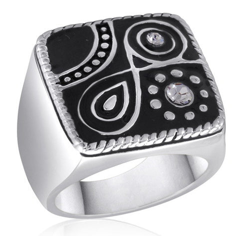Size 6-10, Ring, Black/Silver Abstract