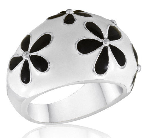 Size 6-10, Ring, White w/Black Daisy