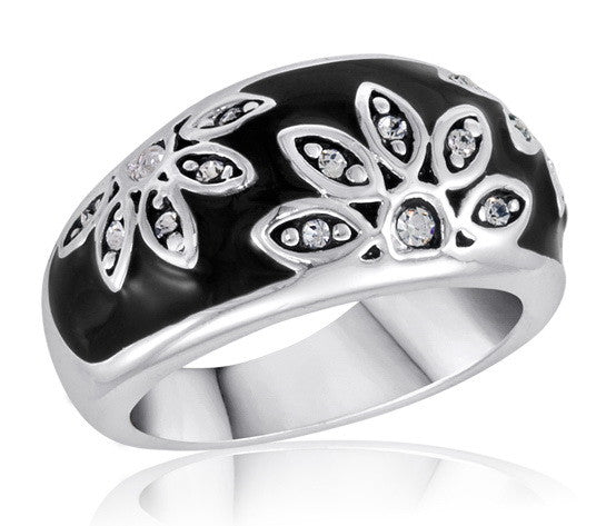 Size 6-10, Ring, Black w/CZ 1/2 Flower