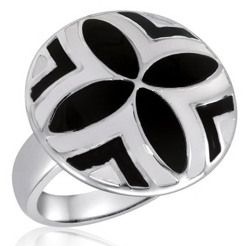 Size 6-10, Ring, Black/White Abstract Flower