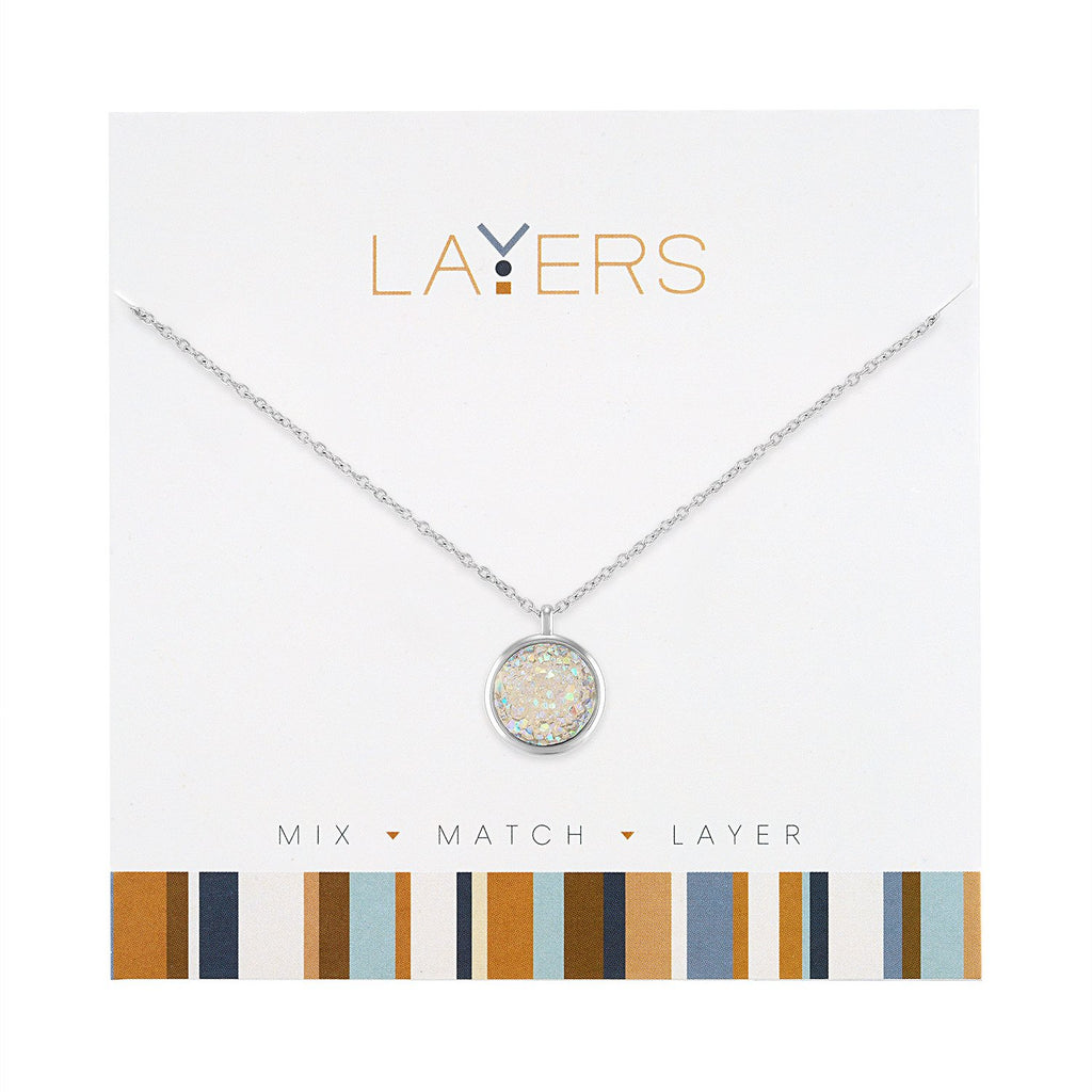 Layers Necklace, Silver Pendant, Circle Druzy AB Layers