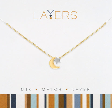 LAY157G Necklace, Gold, Two-Tone, Moon & Star