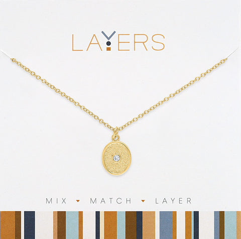 LAY161G Necklace, Gold, Oval, CZ Coin
