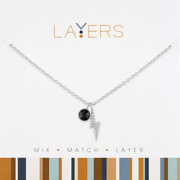 LAY639S Necklace, Silver,   Lightning Bolt & Jet Black