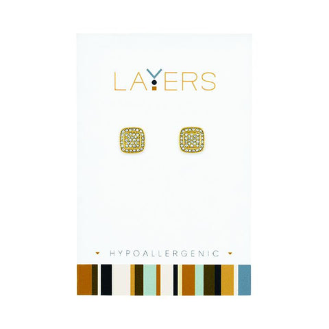 Layers Earring, Gold Cz Square Stud