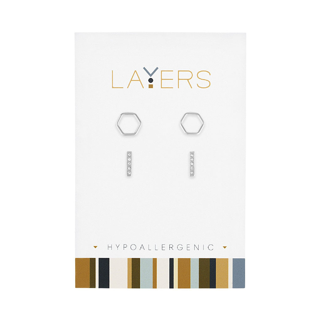 Layers Earring, Silver Hexagon & Cz Bar Duo