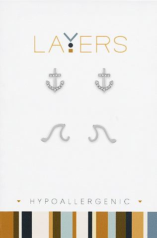 LAYEAR542S Earring, Silver, CZ Anchor & Wave Duo Stud