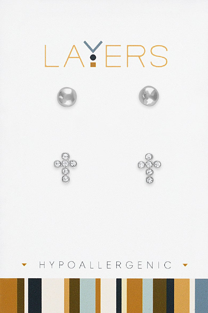 LAYEAR562S Earring, Silver, Hammered Ball & CZ Cross Stud