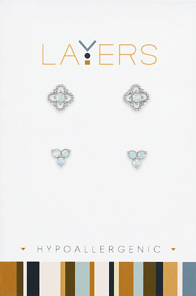 LAYEAR566S Silver Beaded Petal & Triple Opal Duo Pair Stud Layers Earrings