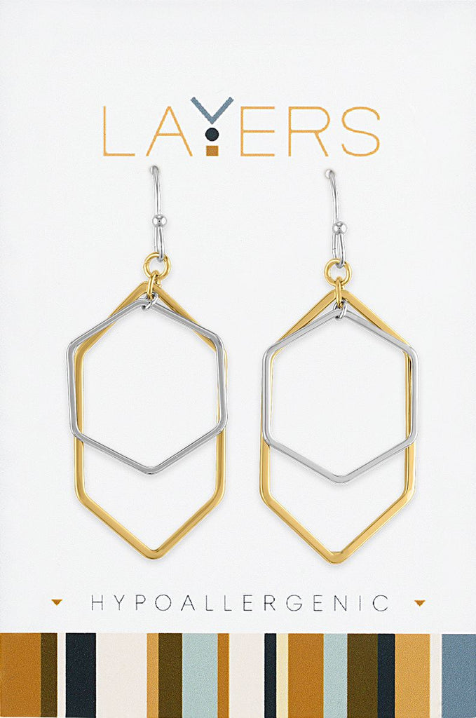 LAYEAR570S Silver Two-Toned Hexagon Dangle Layers Earrings