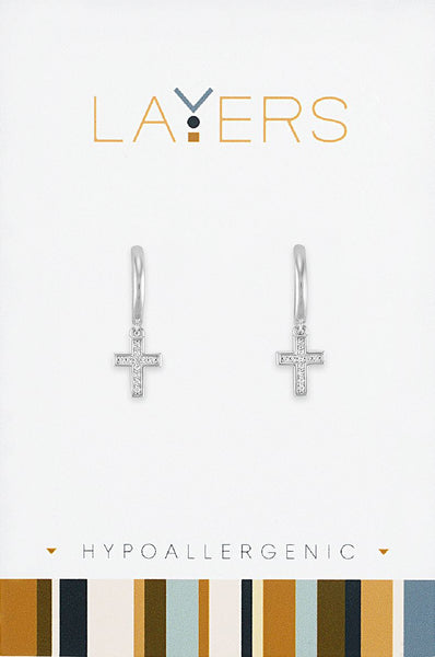 LAYEAR582S Earring, Silver,  CZ Cross Huggie