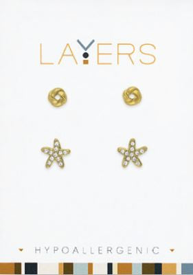 LAYEAR68G Earring, Gold, Knot & CZ Shell Duo Stud