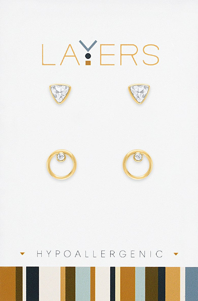 LAYEAR78G Earring, Gold, Triangle CZ & Open Circle CZ Stud