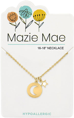 NECKG219 Gold Moon Pendant & Star Dangle Mazie Mae Necklace