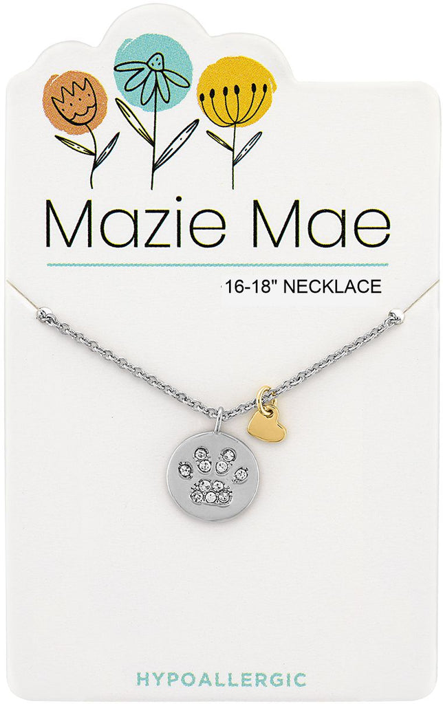 NECKS718 Silver Paw Print Pendant & Gold Heart Dangle Mazie Mae Necklace