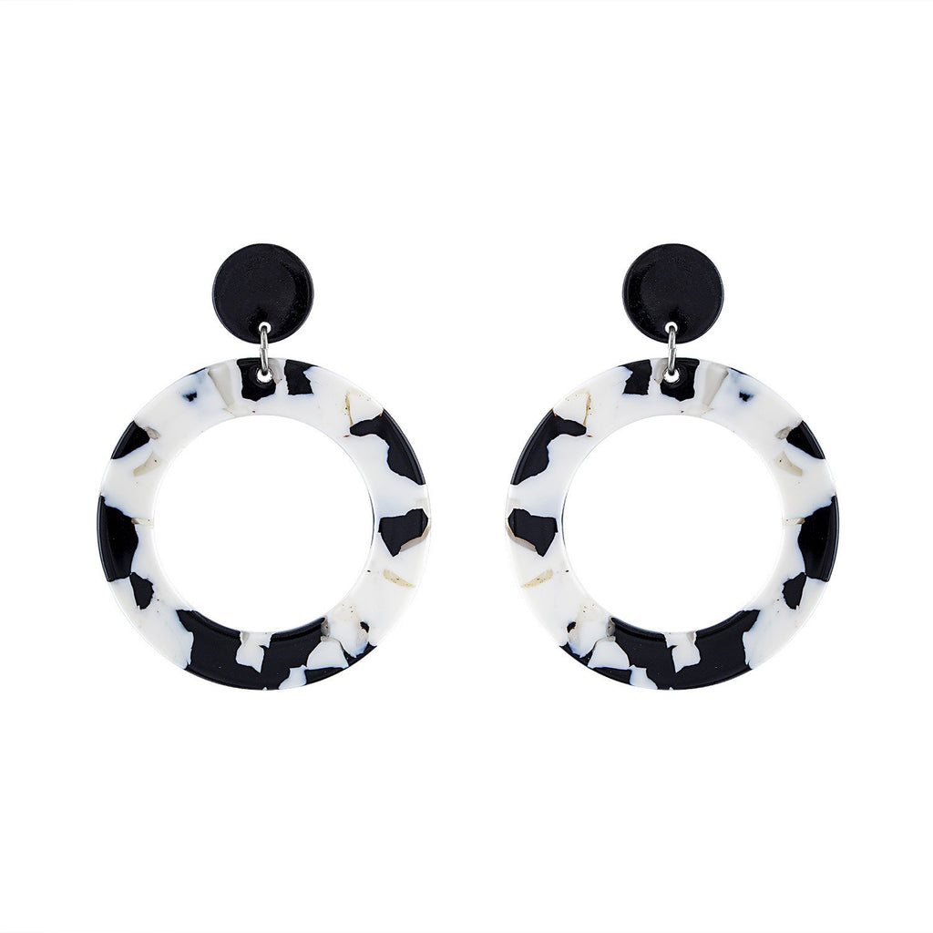 Piper & Jade Earring, Black & White Marbled Round Drop
