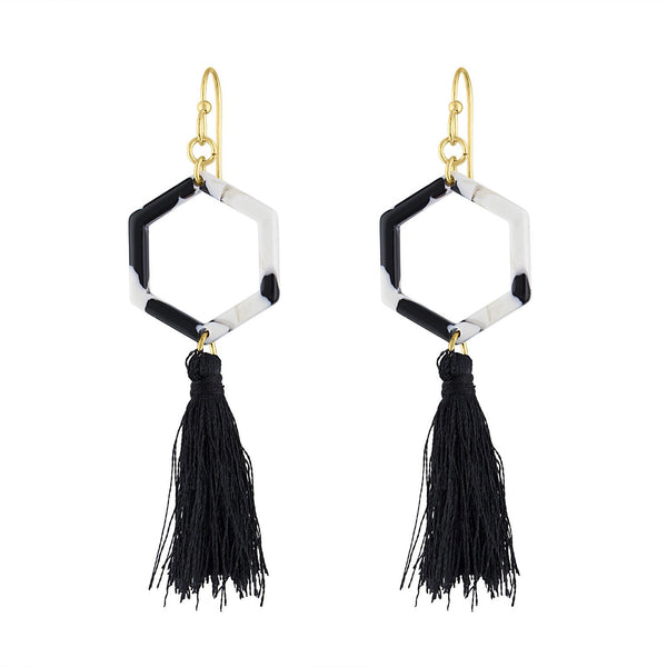 Piper & Jade Earring, Black & White Marbled Hexagon Tassel