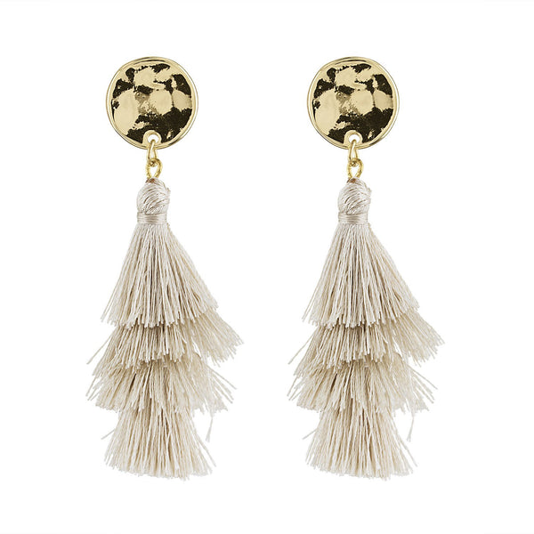 Piper & Jade Earring, Gold Hammered & Beige Tassel Drop