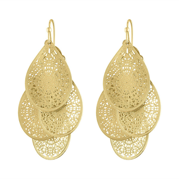 Piper & Jade Earring, Gold Filigree Layered Tear Drop