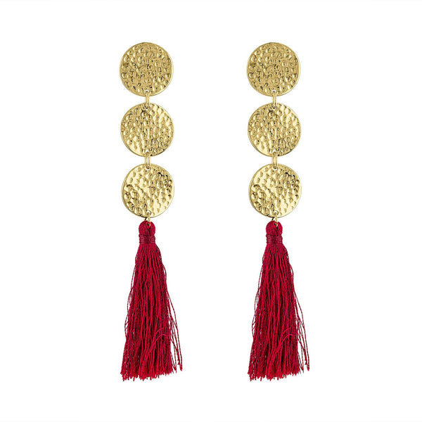 Piper & Jade Earring, Gold Hammered Maroon Tassel
