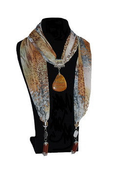 SCARF,  ANIMAL PRINTS, CHIFFON W/TIGER STONE