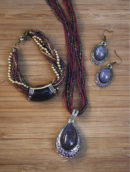 EARRINGS, BRACELET & NECKLACE, RAINDROP PURPLE