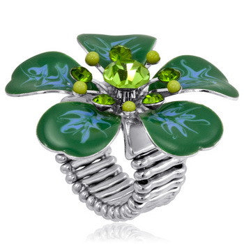 Stretch Ring, Pansy, Green Enamel